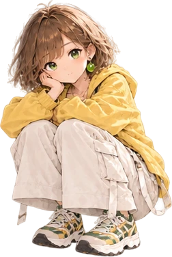 しゃがんでほおづえをつく、あおい